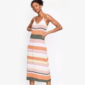 Loft Women’s Strappy V-Neck Striped Button Front Knit Midi Dress, Size Small